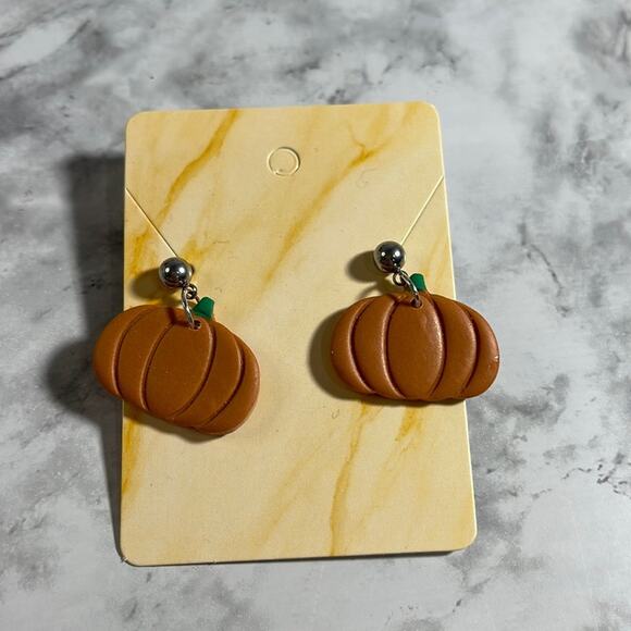 Handcrafted Orange Pumpkin with Silver Ball Post Dangle Earrings - Picture 1 of 5